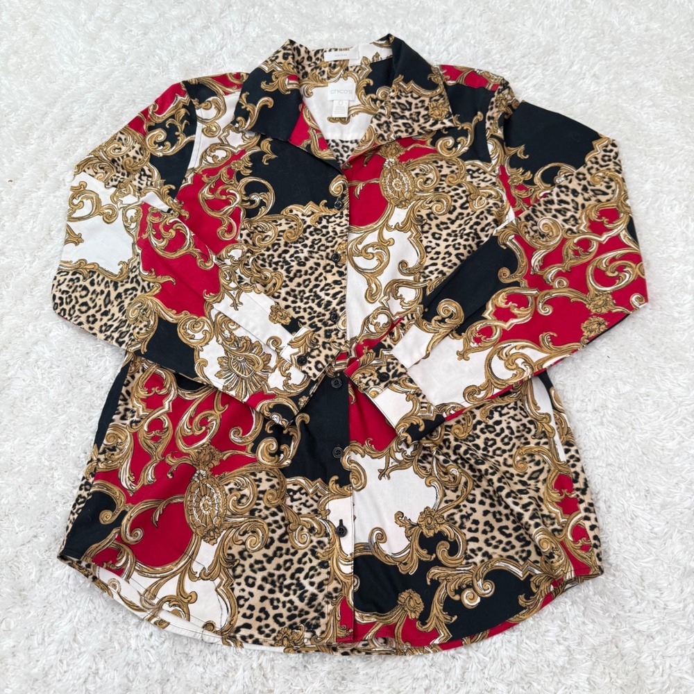 Chico's Shirt 0 Baroque Leopard Print Button Down Long Sleeve Blouse Mob Office